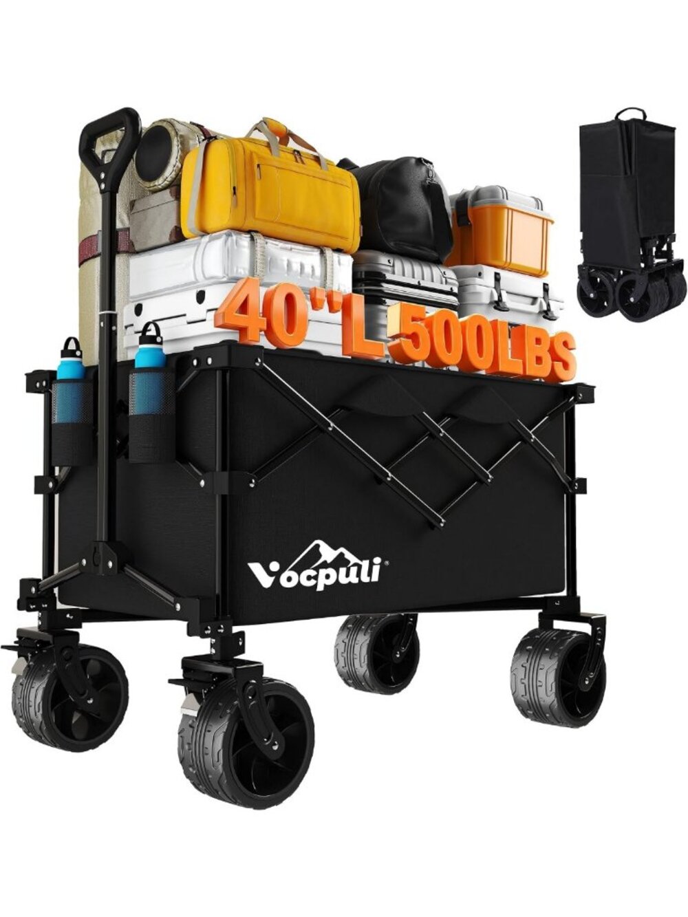 40” Collapsible Folding Wagon Cart - 500lbs Capacity, All-Terrain Wheels for